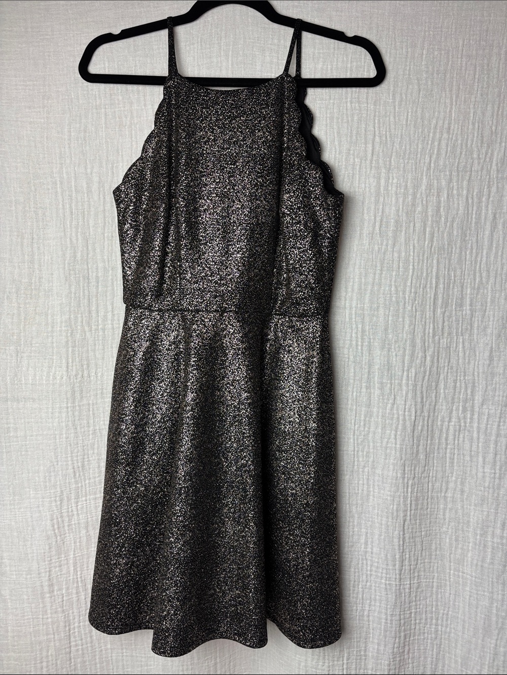 IN Size 1 Black Sparkle Halter Midi Dress with Scalloped Edges